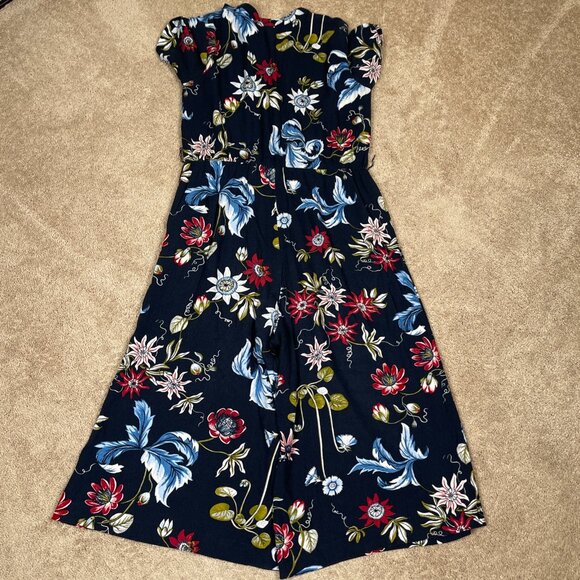 Ann Taylor Jumpsuit Womens 12 Navy Floral Wide Leg Gaucho Cropped Bohemian Flowy - Picture 12 of 12